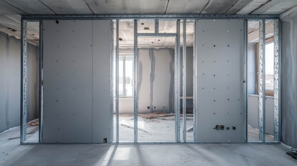 Construction workers are installing drywall in a modern workspac