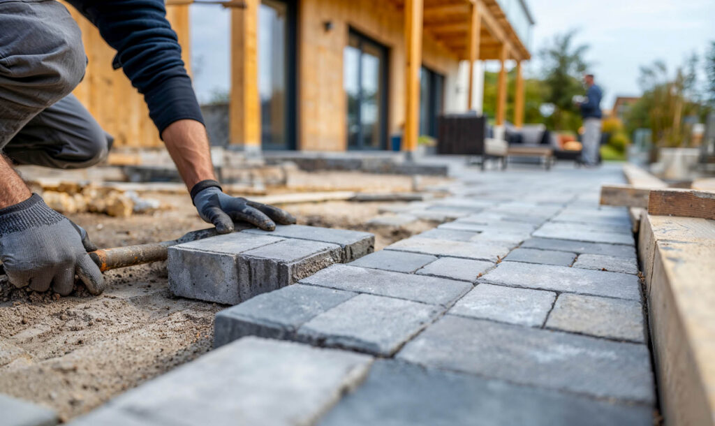 A skilled worker installs gray pavers on a pathway outside a modern home. A second person is seen working in the background, enhancing the outdoor living space.