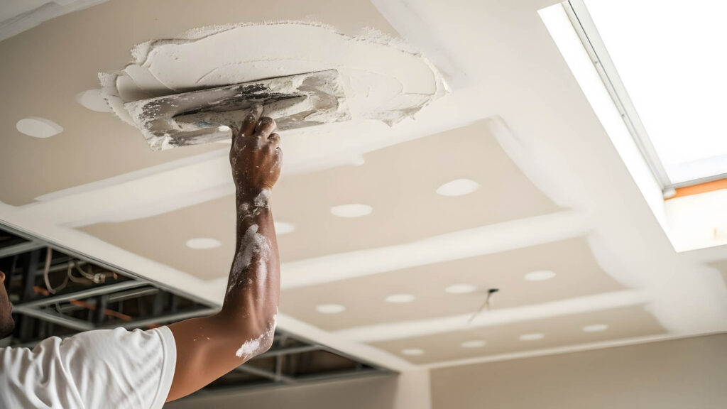Professional plasterer applying skim coat to new drywall ceiling