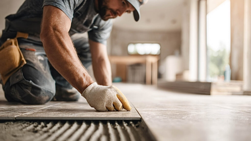 Professional worker installing new floor ceramic tiles