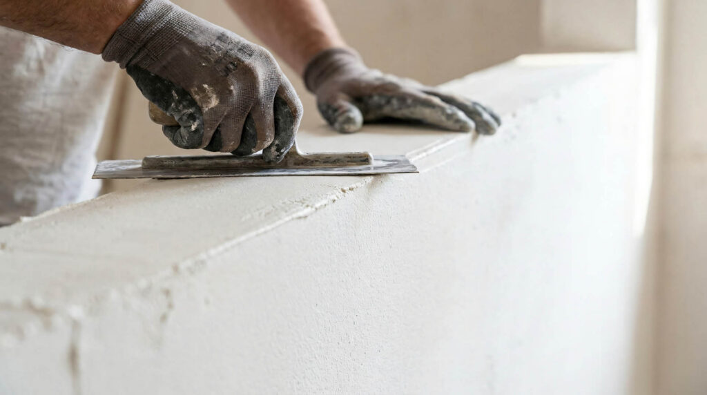 A person wearing gloves is smoothing plaster on a wall with a tr