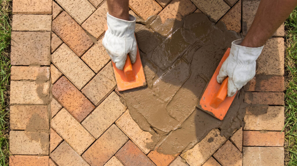 Grouting bricks on outdoor patio using rubber float with floorin