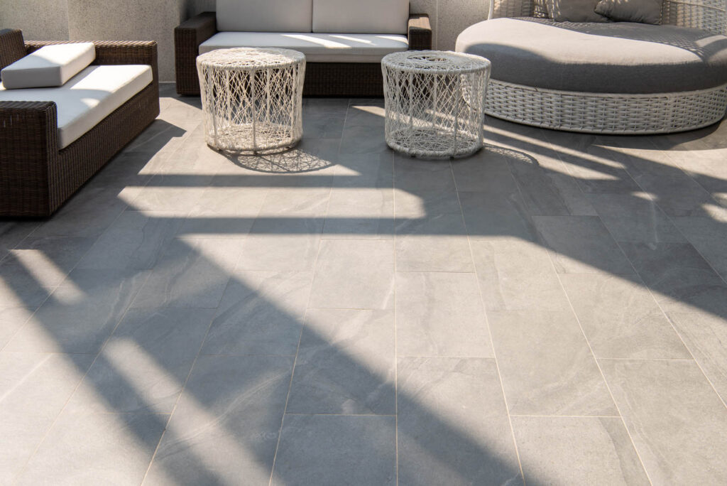beautiful terrace, grey floor tile outdoor